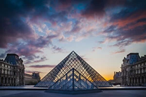Courtyard of Musee du Louvre at sunset