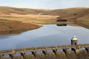 February Prints: Craig Goch Dam - close up showing tower and arches - February - Mid-Wales