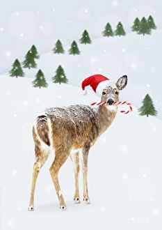 Deer with Christmas hat and candy cane in winter scene