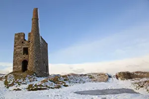 Mines Prints: Ding Dong mine - engine house - in snow - Penwith - Cornwall - UK