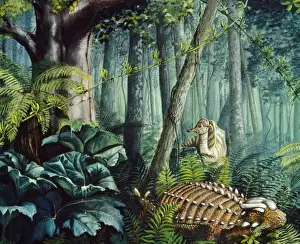 Reconstructions Prints: Dinosaur Illustration - Anklyosaurus - family Anklyosauridae - herbivore - heavily armoured - Background Hypacrosaurus