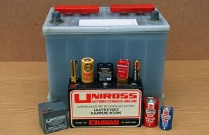 Images Dated 3rd July 2008: Display of different kinds of batteries including car lead acid dry