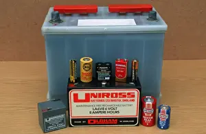 Storage Prints: Display of different kinds of batteries including car lead acid dry and lithium cells of various sizes