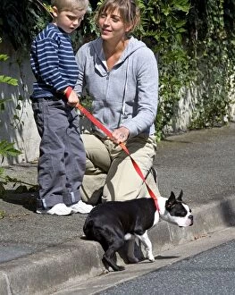 Dog - Adult and child with dog on lead on pavement