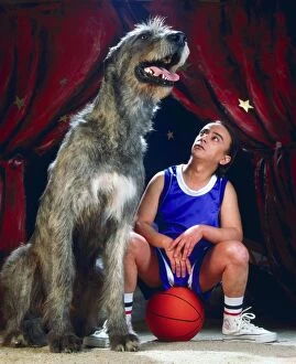 Dog - Irish Wolfhound next to man sitting on basketball