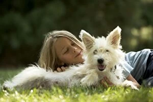 Images Dated 14th July 2005: Dog - Mongrel lying on grass with girl
