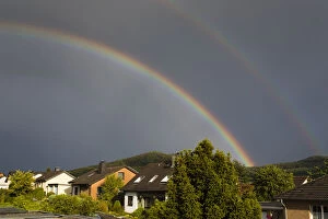 Double Rainbow - during summer storm, over residential area, North Hessen, Germany Date: 11-Feb-19