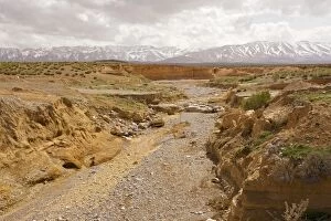 Images Dated 27th February 2009: Dry river on the Zeida plain, with the High Atlas mountains beyond; Morocco