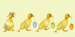 Ducklings - carrying Easter eggs - one wearing a straw hat
