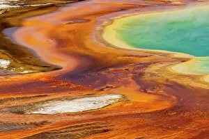 Yellowstone Prints: Elevated view of patterns in bacterial mat around Grand Prismatic spring