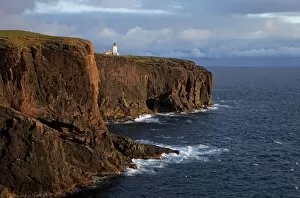 Images Dated 23rd June 2011: Esha Ness cliffs and lighthouse along cliffs edge - Shetland Islands - Scotland