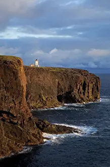 Lighthouses Prints: Esha Ness cliffs and lighthouse along cliffs edge - Shetland Islands - Scotland