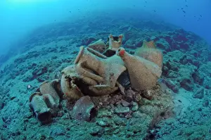 Etruscan Amphora in a protected archaeological area on the sea bed in Antalya, Turkey. Mediterranean Sea. The amphora will remain on the sea bed