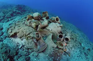 Etruscan Amphora in a protected archaeological area on the sea bed in Antalya Turkey. Mediterranean Sea. The amphora will remain on the sea bed