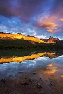 Evening light on Maligne Lake and Sampson Peak, Jasper National Park, Alberta, Canada. Date: 25-05-2021