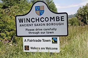 Images Dated 9th August 2010: Fairtrade town notice on roadside approaching Winchcombe - Gloucestershire - UK