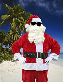 Images Dated 3rd February 2020: Father Christmas, on the beach with palm trees wearing sunglasses Date: 19-Jul-10