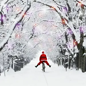 Christmas Prints: Father Christmas riding through avenue in winter snow with Christmas lights