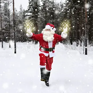 Claus Prints: Father Christmas / Santa Claus waking through snow landscape with trees