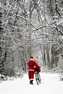 Images Dated 13th January 2010: Father Christmas - in snow - with bicycle