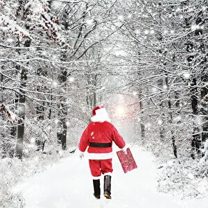 Images Dated 3rd February 2020: Father Christmas, walking through winter snow scene Date: 04-Jan-10