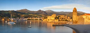 First light of dawn over town of Collioure