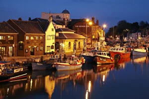 Calm Gallery: Fishing boats and Custom House Quay at dusk, Weymouth