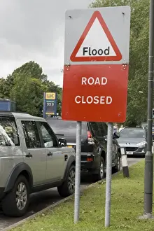 Heavy Prints: Flooding - road closed sign due to flooding of River Severn at Upton upon Severn Worcs UK