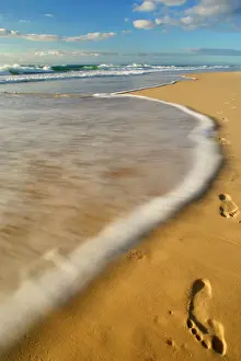 footprints in the sand - footprints in the sand are about to being washed away by an incoming wave. Nothing is forever - Fraser Island World Heritage Area, Great Sandy National Park, Queensland, Australia