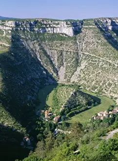 Valley Prints: France - Cirque de navacelles Oxbow lake in limestone gorge, Massif Central