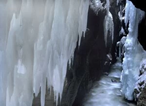 Frozen canyon - gorge of the Partnach river in winter with icicles