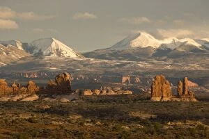 General view across The Windows area towards La Sal mountains, in winter, evening light