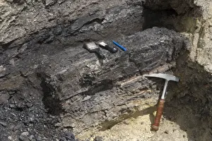 GEOLOGY: K-T boundary K-T boundary Sussex locality, Wyoming, USA. The tip of the hammer points to the K-T boundary claystone layer. Below it is a mudstone deposit of the Lance Formation (Cretaceous)