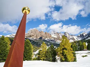 Heritage Prints: Giant sundial. Geisler mountain range in the dolomites of the Groden Valley or Val Gardena in South Tyrol