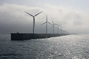 Bilbao Prints: Giant wind turbines on breakwater at entyrance to Bilbao harbour Spain