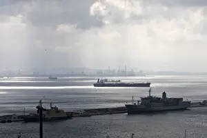Ports Prints: Gibraltar - cargo ships in the port. Strait of Gibraltar - Spain