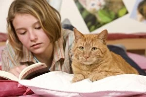 Images Dated 4th May 2000: Girl lying on bed reading, with ginger cat