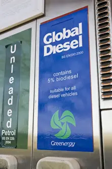Petrol Prints: Global diesel containing 5% biodiesel for sale at Green Shop, Bisley, Gloucestershire, UK