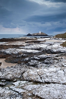 Images Dated 3rd December 2010: Godrevy - Lighthouse and island - in snow - from Gwithian - Cornwall - UK