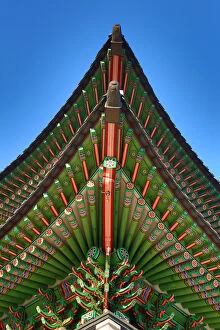 Beam Gallery: Green wooden roof beams of the Gwanghwamun Gate
