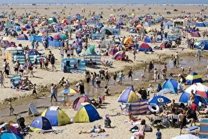 Holidaymakers with tents, umbrellas and windbreaks