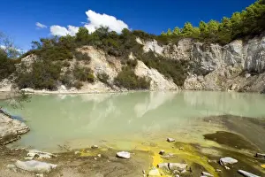 North Island Prints: Hot Pools greenish pool with yellow sulphurous streaks on unstable ground