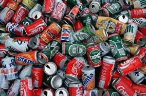 Piles Prints: Hundreds of aluminium cans collected for recycling UK