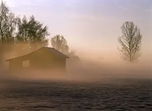 Huts Prints: Hut and mist at sunrise with ground fog Bavaria, Germany