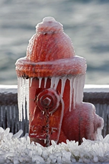 Images Dated 20th January 2008: Ice - Red Fire Hydrant with Icicles Surrounded by Ice covered Grass - Near Seneca Lake in Upstate
