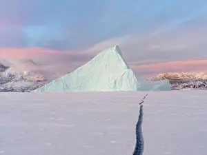 Icebergs in front of Storen Island, frozen into the sea ice of the Uummannaq fjord system during winter. Greenland, Danish Territory Date: 07-03-2020