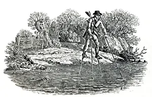 Print Prints: Illustration - Walking on stilts to cross a stream, woodcut by Thomas Bewick