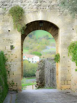 Historic Prints: Italy, Chianti, Monteriggioni. Looking out an arched entrance into the walled town