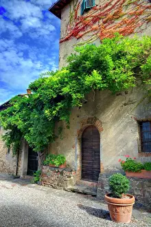 Region Prints: Italy, Tuscany. Courtyard of an agriturismo near the hill town of Montalcino