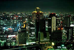 Japan, Osaka. Aerial view of nighttime downtown